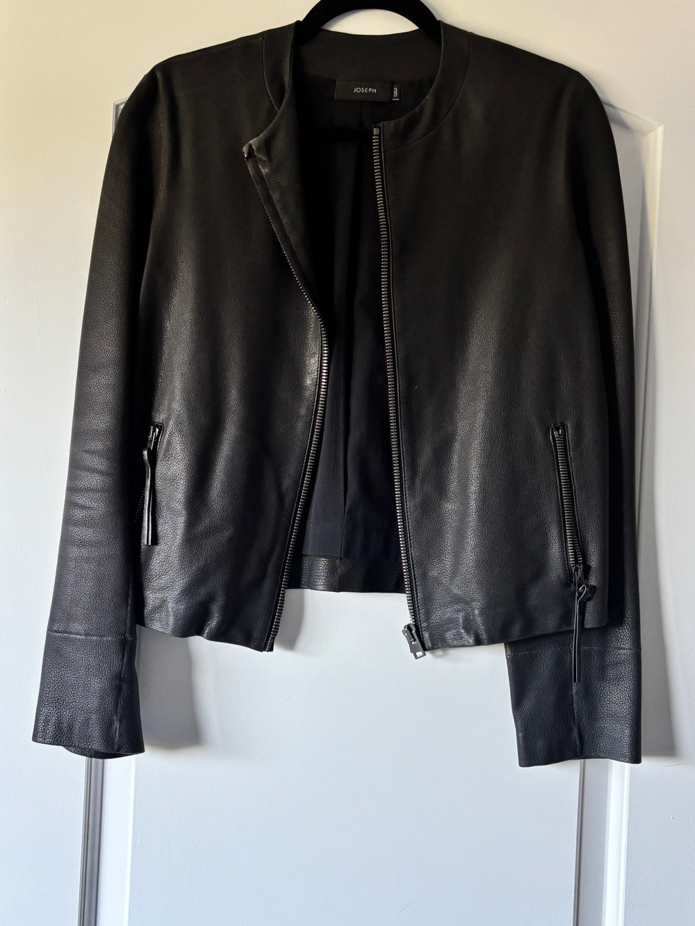 Joseph Black Leather Collarless Zip Jacket